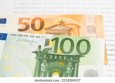 Euro Banknotes On Spreadsheet Paper, Banking Account, Investment Analytic Research Data Economy, Trading, Business Company Concept.