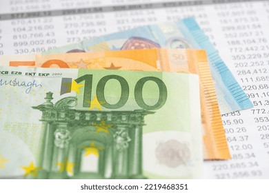 Euro Banknotes On Spreadsheet Paper, Banking Account, Investment Analytic Research Data Economy, Trading, Business Company Concept.