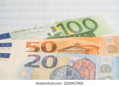 Euro Banknotes On Spreadsheet Paper, Banking Account, Investment Analytic Research Data Economy, Trading, Business Company Concept.