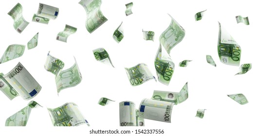 Euro Coin Falling Banknotes. European Money On White Isolation Background.