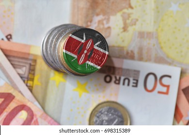 Euro Coin With National Flag Of Kenya On The Euro Money Banknotes Background. Finance Concept