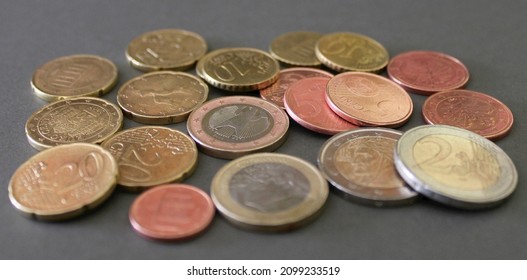 Euro coins isolated on a grey background. Euro money. Close up view.