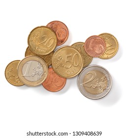 Euro coins isolated on white background closeup. Money concept. Top view, flat lay.