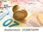 Euro coins notes. Euro Money cash background. Euro Money Banknotes. Euro bills, coins in Crisis of European Union. European Union