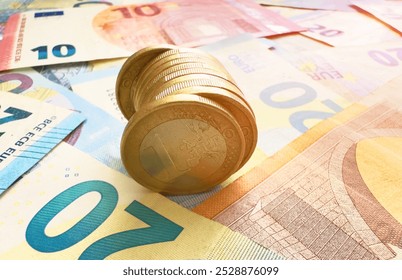 Euro coins notes. Euro Money cash background. Euro Money Banknotes. Euro bills, coins in Crisis of European Union. European Union's Euros cash. Coins and bills for pension. - Powered by Shutterstock