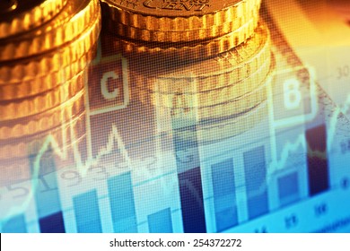 Euro coins and us dollar banknote background. Finance concept.