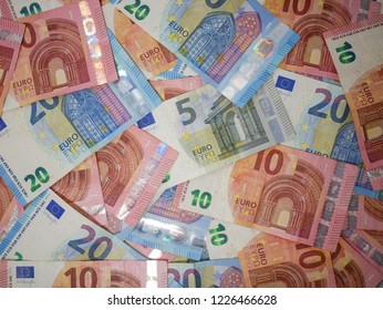 Euro Currency Banknotes Overhead View. Top Down.