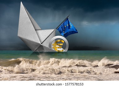 Euro Currency Symbol, 3D Illustration, Sinking Aboard Of A Paper Boat With The European Union Flag, Photography. In A Rough Sea With Waves And Sky With Rain. Recession Concept 