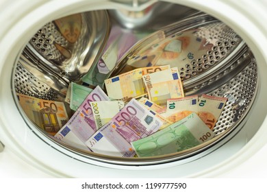 euro / European currency, high denomination in the washing machine, money laundering concept