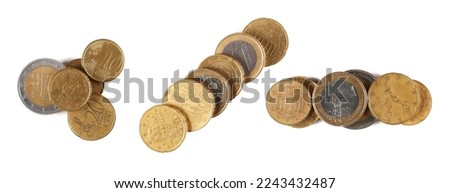 Euro metal coins in shape  punctuation marks, isolated on white, top view