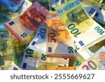 Euro money background. Euro Banknotes Design. Euro cash payment and wages. Cash background. Banknotes of European Union (EU ). Economic and political. Bills for pension and salary. Social finance.