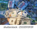 Euro money background. Dollar and Euro Banknotes. Euro cash payment. USA money and European Union bills. Economic US dollars Euro. Bills for pension and salary. 100 Dollar background. American money.