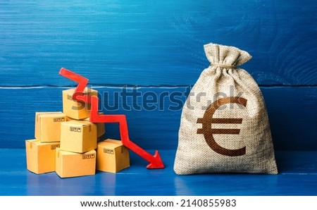 Euro money bag with boxes and down arrow. Income decrease, slowdown and decline of economy. Low sales. Production decline. Reduced transportation prices. Bad consumer sentiment and demand for goods.