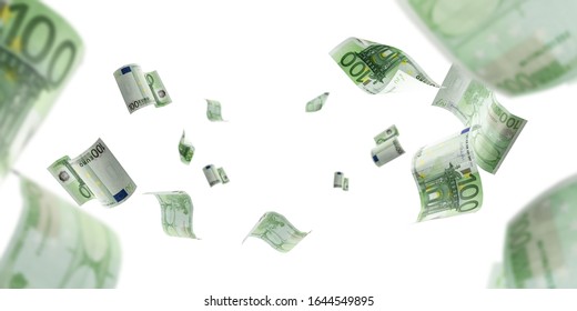 Euro Money Falling Cash. European Banknotes Isolated On White Background.