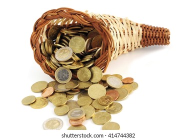 Euro Money Falling Out Of Cornucopia. Wasting Money