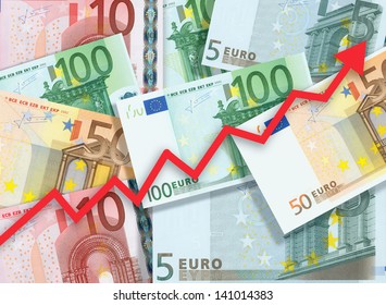 Euro Money Raise Concept, Arrow Chart Pointing Up Against Background Of Euro Bills