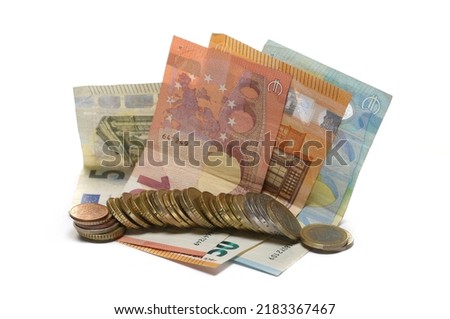 Euro paper note with metal coins, cents, cash money isolated on white 
