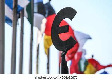 Euro Sign Of Flags Of The European Parliament Brussels