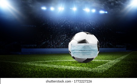 Euro Soccer Cancellation Event Concept. Ball With Coronavirus Mask