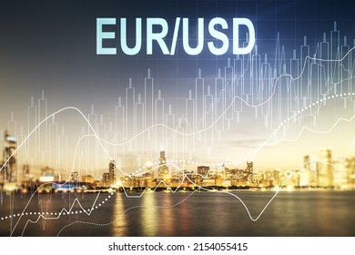 EURO USD Forex Graph Sketch On Chicago Office Buildings Background, Strategy And Forecast Concept. Multiexposure