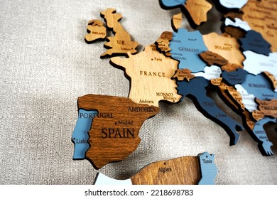 Europa on the political map. Wooden world map on the wall. Spain, France, Germany and other countries - Shutterstock ID 2218698783