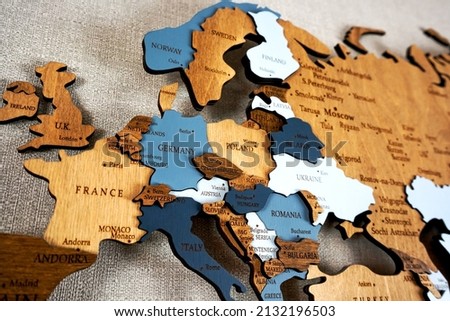 Europa on the political map. Wooden world map on the wall. Ukraine, Belarus, Poland and other countries Zdjęcia stock © 