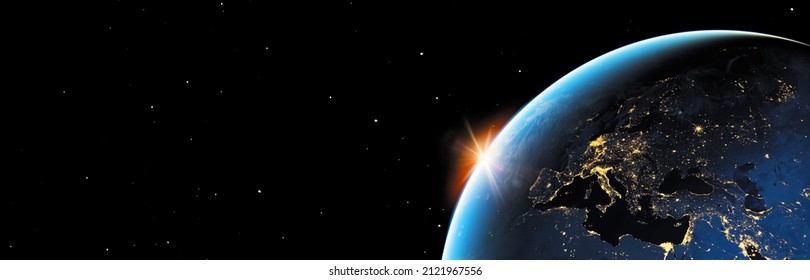 EUROPE BANNER AT NIGHT SEEN FROM SPACE. Elements of this image furnished by NASA 
