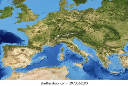 Europe flat view from space, detailed map on global satellite photo. European part of physical world map with texture surface. Green terrain and blue seas. Elements of this image furnished by NASA.