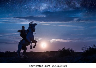 Europe, France, Provence, Camargue. Composite Of Man On Rearing Camargue Horse At Sunrise.