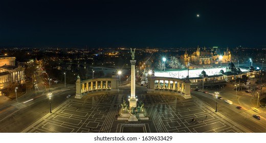 Europe Hungary Budapest Heroes Square. City Park Of Budapest. Ice Rink. Millenium Monuments. Vajdahunyad Castle. Aerial. Cityscape. Landscape. Night.