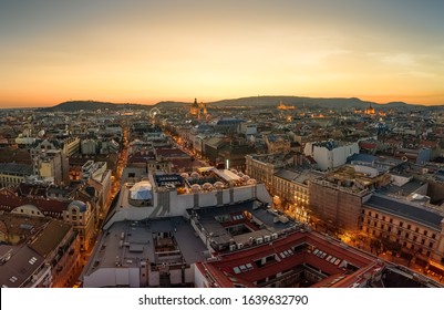 Europe Hungary Budapest parnorama cityscape 360 rooftop bar. Andrassy street. Ede Paulay street. Budapest eye. St. Stephen basilica. Hungarian parliament. Budapest parliamnet. Sunset. Aerial. 