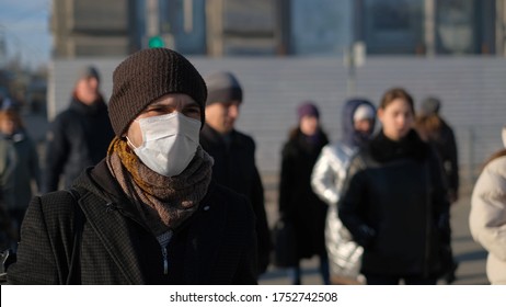 Europe Infected Corona Virus 2019 Ncov. European Man 4k. Face Mask For Covid-19. City Street. Epidemic Coronavirus. Pandemic Flu Corona Virus. Human Masked For 2019-ncov. Crowd People Sick Covid-19.