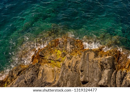 Similar – Aerial Drone View Of Dramatic Ocean Waves Crushing On Rocky Landscape