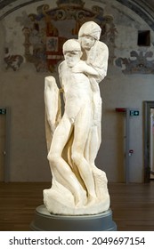 Europe. Italy. Lombardy. 15.09.2021. Milan. Pieta Rondanini, 1564, by Michelangelo Buonarroti (1475-1564), marble statue, height 195cm. Milan, Castello Sforzesco