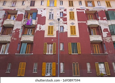 Europe , Italy , Milan April 2020 -  Public Housing In Giambellino Neighborhood In A State Of Neglect With Falling Walls During N-cov19 Coronavirus Epidemic Outbreak - Poor People Home Suburb       