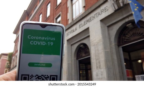 Europe, Italy , Milan July 2021 Green Pass Certificate Of Vaccination Against Covid-19 Coronavirus Mandatory For Traveling, Going To School And Attending Bars And Restaurants