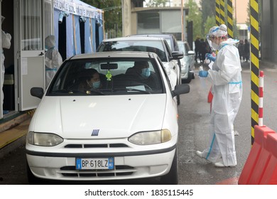 Europe, Italy , Milan October 2020, People Are Tested At A Drive Thru, Coronavirus Pandemic, Covid-19. Blood Test And Swab Nasal Test During Quarantine Home Lockdown In San Carlo Hospital, People Mask