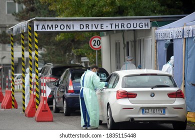 Europe, Italy , Milan October 2020, People Are Tested At A Drive Thru, Coronavirus Pandemic, Covid-19. Blood Test And Swab Nasal Test During Quarantine Home Lockdown In San Carlo Hospital, People Mask