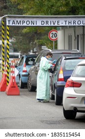 Europe, Italy , Milan October 2020, People Are Tested At A Drive Thru, Coronavirus Pandemic, Covid-19. Blood Test And Swab Nasal Test During Quarantine Home Lockdown In San Carlo Hospital, People Mask