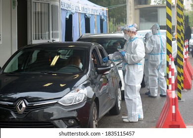 Europe, Italy , Milan October 2020, People Are Tested At A Drive Thru, Coronavirus Pandemic, Covid-19. Blood Test And Swab Nasal Test During Quarantine Home Lockdown In San Carlo Hospital, People Mask