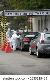 Europe, Italy , Milan October 2020, People Are Tested At A Drive Thru, Coronavirus Pandemic, Covid-19. Blood Test And Swab Nasal Test During Quarantine Home Lockdown In San Carlo Hospital, People Mask