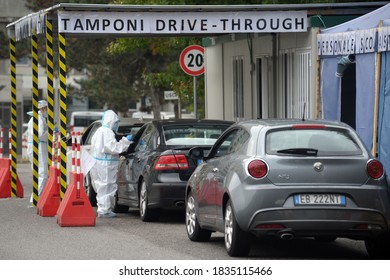 Europe, Italy , Milan October 2020, People Are Tested At A Drive Thru, Coronavirus Pandemic, Covid-19. Blood Test And Swab Nasal Test During Quarantine Home Lockdown In San Carlo Hospital, People Mask