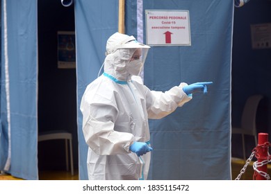 Europe, Italy , Milan October 2020, People Are Tested At A Drive Thru, Coronavirus Pandemic, Covid-19. Blood Test And Swab Nasal Test During Quarantine Home Lockdown In San Carlo Hospital, People Mask