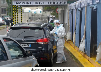 Europe, Italy , Milan October 2020, People Are Tested At A Drive Thru, Coronavirus Pandemic, Covid-19. Blood Test And Swab Nasal Test During Quarantine Home Lockdown In San Carlo Hospital, People Mask