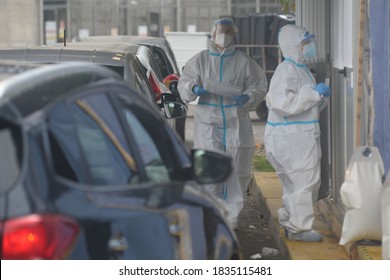 Europe, Italy , Milan October 2020, People Are Tested At A Drive Thru, Coronavirus Pandemic, Covid-19. Blood Test And Swab Nasal Test During Quarantine Home Lockdown In San Carlo Hospital, People Mask