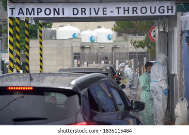 Europe, Italy , Milan October 2020, People Are Tested At A Drive Thru, Coronavirus Pandemic, Covid-19. Blood Test And Swab Nasal Test During Quarantine Home Lockdown In San Carlo Hospital, People Mask