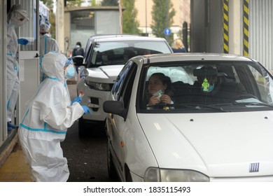 Europe, Italy , Milan October 2020, People Are Tested At A Drive Thru, Coronavirus Pandemic, Covid-19. Blood Test And Swab Nasal Test During Quarantine Home Lockdown In San Carlo Hospital, People Mask