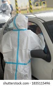 Europe, Italy , Milan October 2020, People Are Tested At A Drive Thru, Coronavirus Pandemic, Covid-19. Blood Test And Swab Nasal Test During Quarantine Home Lockdown In San Carlo Hospital, People Mask