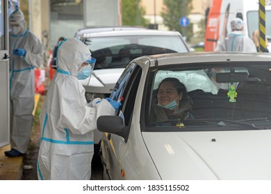 Europe, Italy , Milan October 2020, People Are Tested At A Drive Thru, Coronavirus Pandemic, Covid-19. Blood Test And Swab Nasal Test During Quarantine Home Lockdown In San Carlo Hospital, People Mask