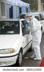 Europe, Italy , Milan October 2020, People Are Tested At A Drive Thru, Coronavirus Pandemic, Covid-19. Blood Test And Swab Nasal Test During Quarantine Home Lockdown In San Carlo Hospital, People Mask